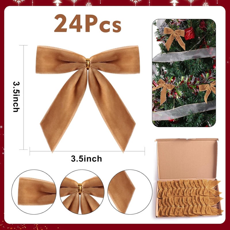 Utehilly 24 Pcs Camel Small Velvet Christmas Bows for Christmas Tree, Wreath, Gift Wrapping, Crafts, Wedding, Party, Twist Tie Bows for Treat Bag Bakery Candy Bags, Home Decor 1" W,3.5 x 3.5 inch - Image 2